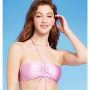 NEW Wild Fable Shiny Pink Cinch Front Halter Bandeau Bikini Top